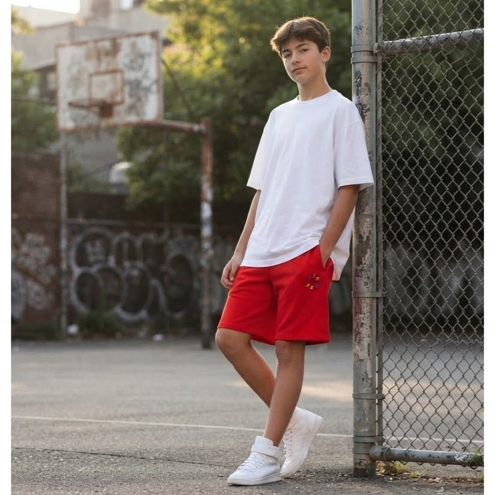 Adidas Originals Boys Red Trefoil Circle Logo Sweat Shorts Size L 13-14Y